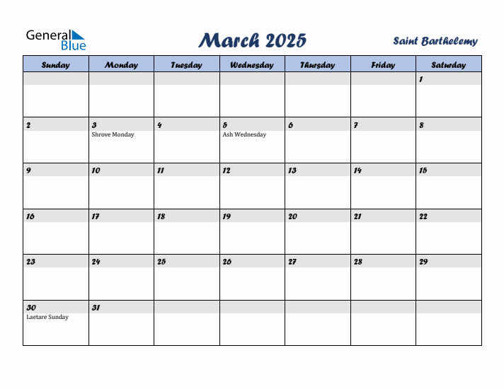 March 2025 Calendar with Holidays in Saint Barthelemy