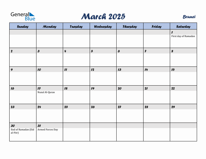 March 2025 Calendar with Holidays in Brunei