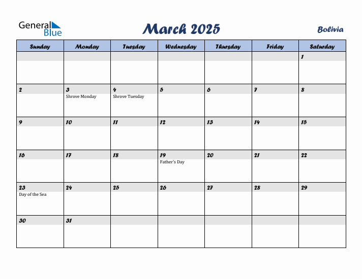 March 2025 Calendar with Holidays in Bolivia