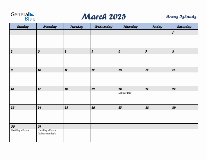 March 2025 Calendar with Holidays in Cocos Islands