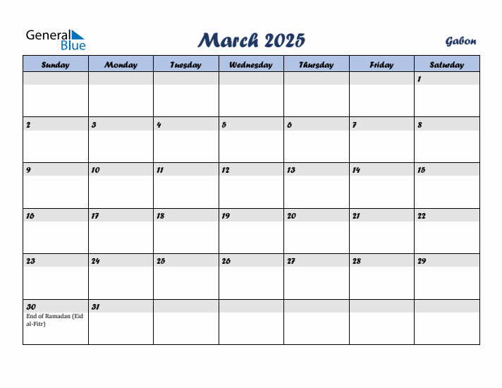 March 2025 Calendar with Holidays in Gabon