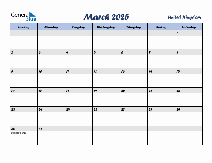 March 2025 Calendar with Holidays in United Kingdom