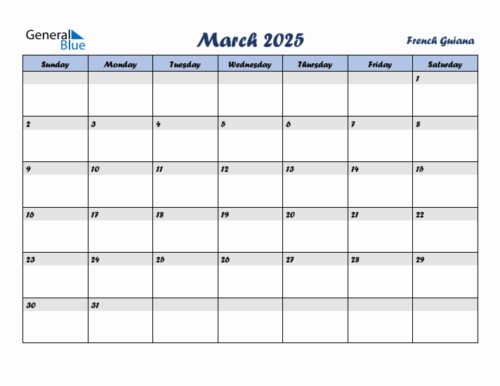 March 2025 Calendar with Holidays in French Guiana