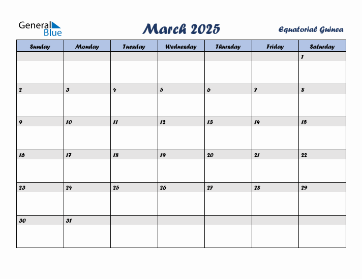 March 2025 Calendar with Holidays in Equatorial Guinea