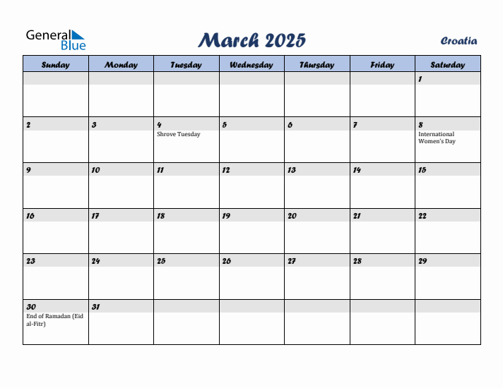 March 2025 Calendar with Holidays in Croatia