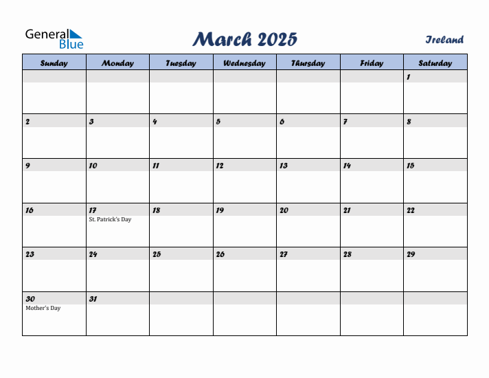 March 2025 Calendar with Holidays in Ireland