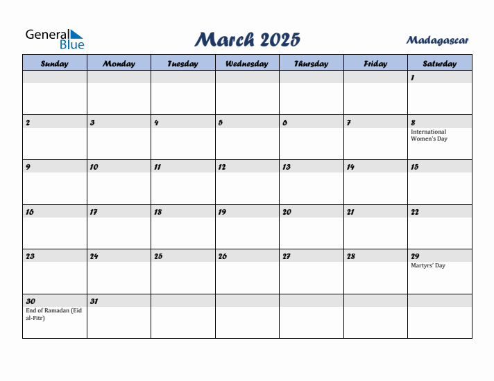 March 2025 Calendar with Holidays in Madagascar