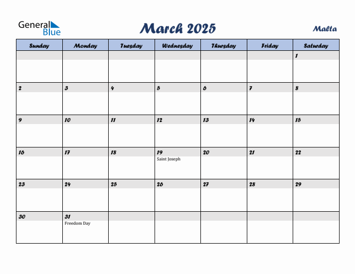 March 2025 Calendar with Holidays in Malta