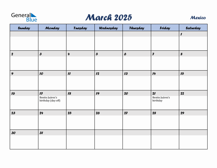 March 2025 Calendar with Holidays in Mexico