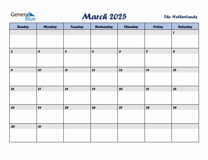 March 2025 Calendar with Holidays in The Netherlands