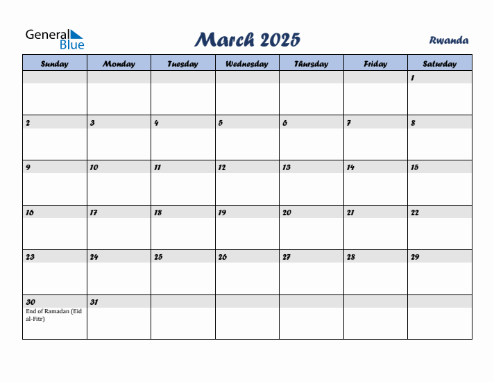 March 2025 Calendar with Holidays in Rwanda