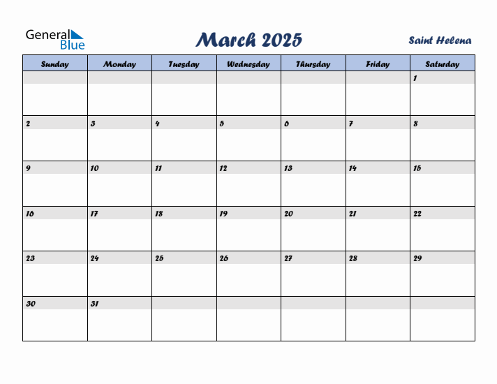 March 2025 Calendar with Holidays in Saint Helena