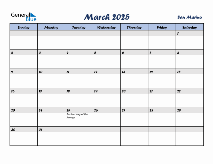 March 2025 Calendar with Holidays in San Marino