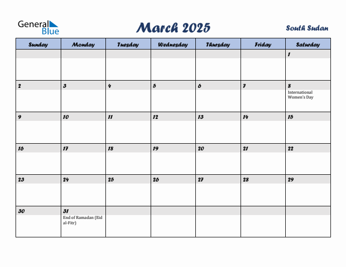 March 2025 Calendar with Holidays in South Sudan