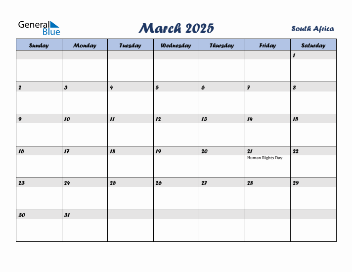 March 2025 Calendar with Holidays in South Africa