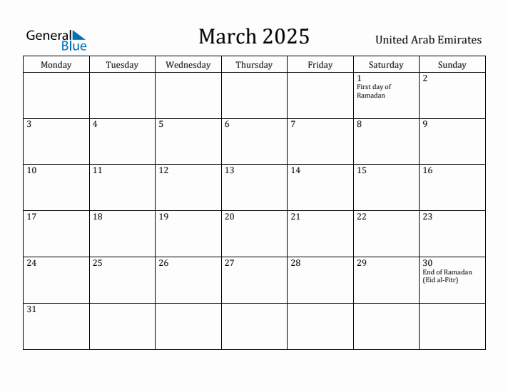 March 2025 Calendar United Arab Emirates