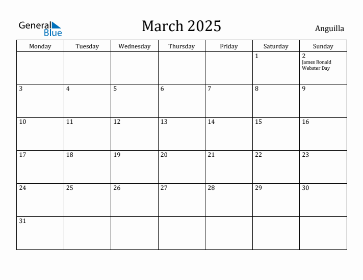 March 2025 Calendar Anguilla