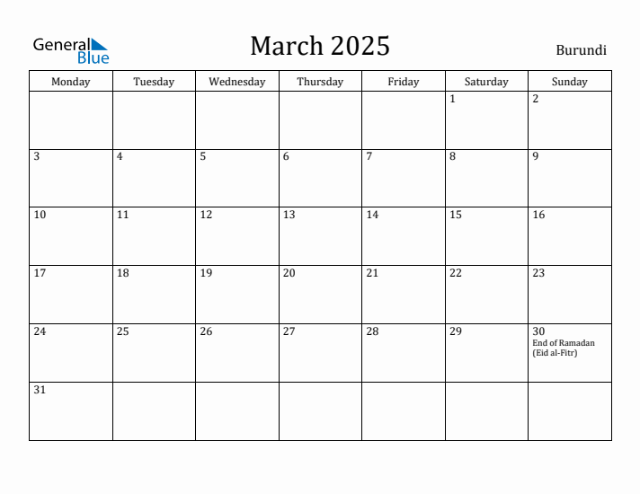 March 2025 Calendar Burundi