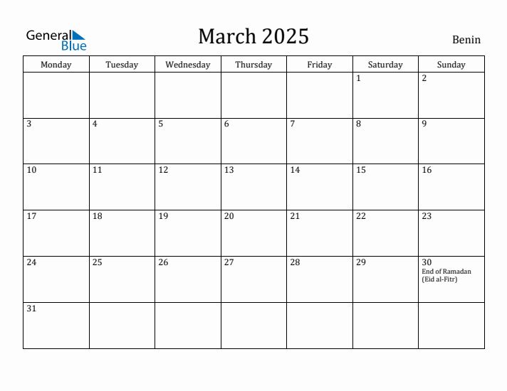 March 2025 Calendar Benin