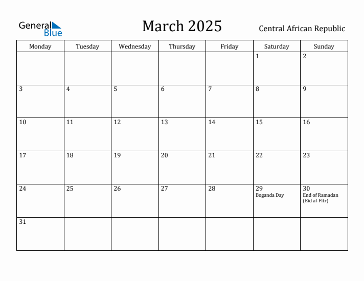 March 2025 Calendar Central African Republic