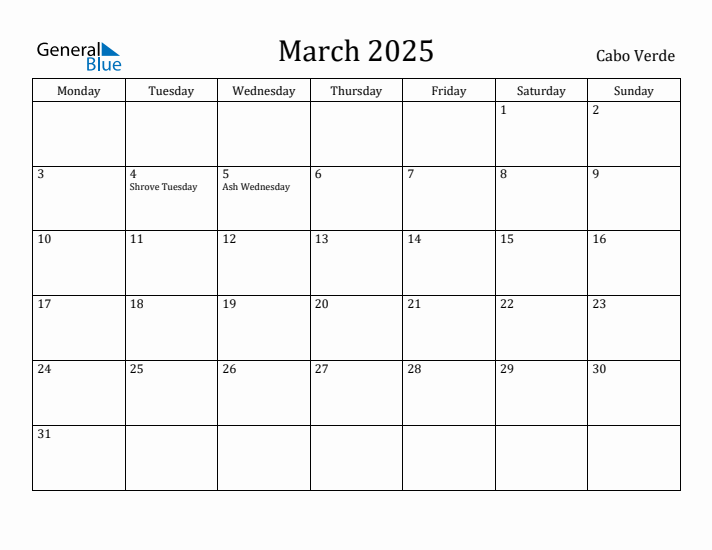 March 2025 Calendar Cabo Verde