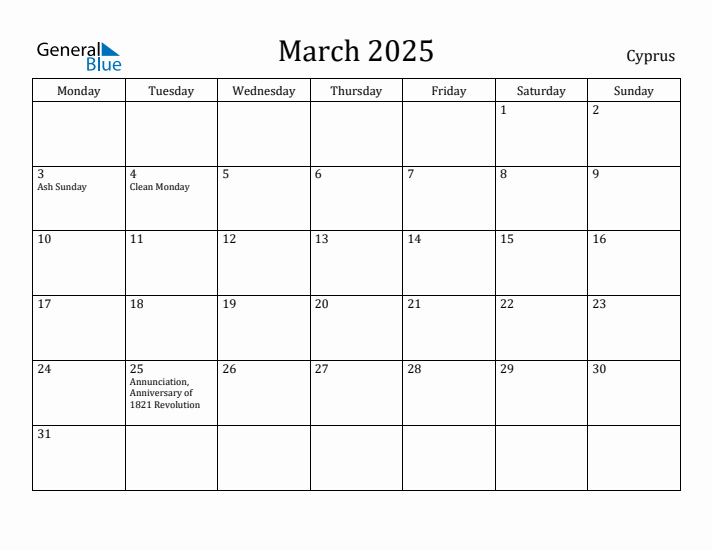 March 2025 Calendar Cyprus