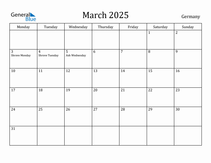 March 2025 Calendar Germany