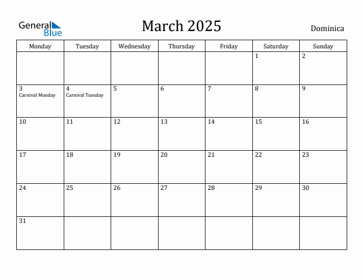 March 2025 Calendar Dominica