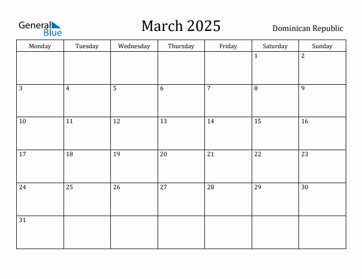 March 2025 Calendar Dominican Republic