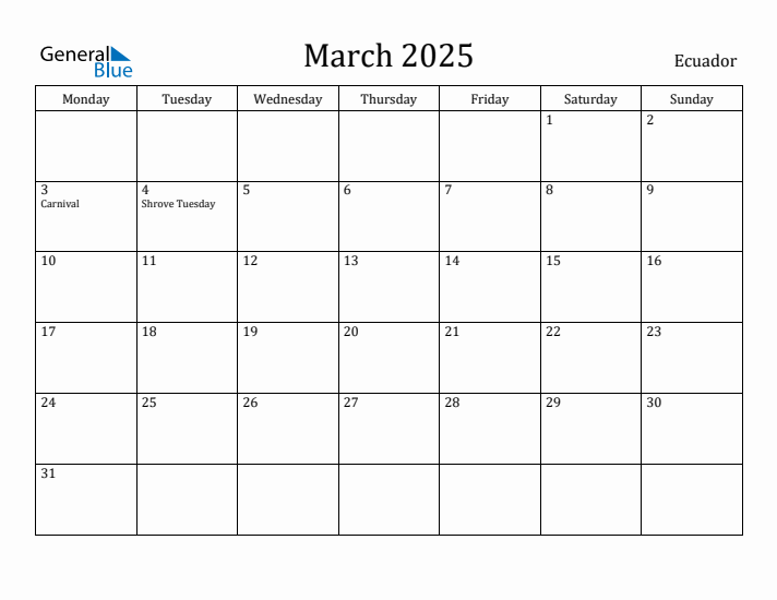 March 2025 Calendar Ecuador