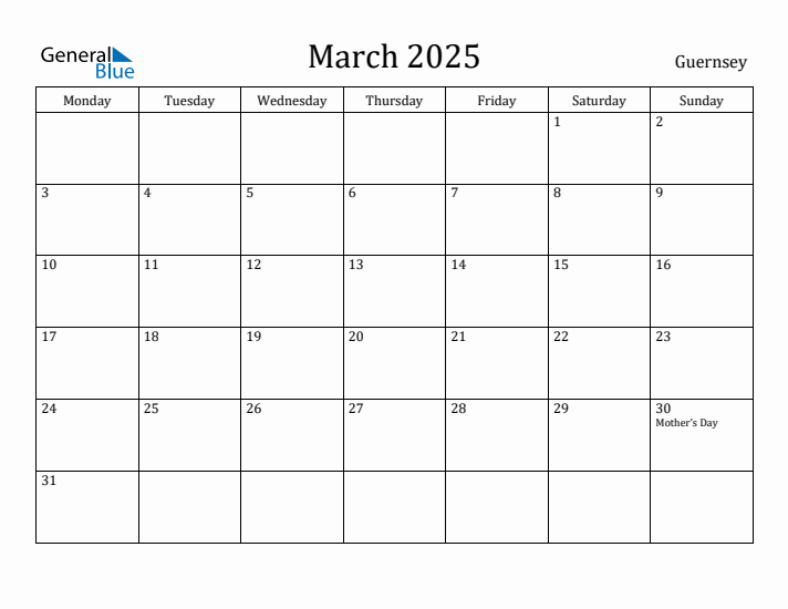 March 2025 Calendar Guernsey