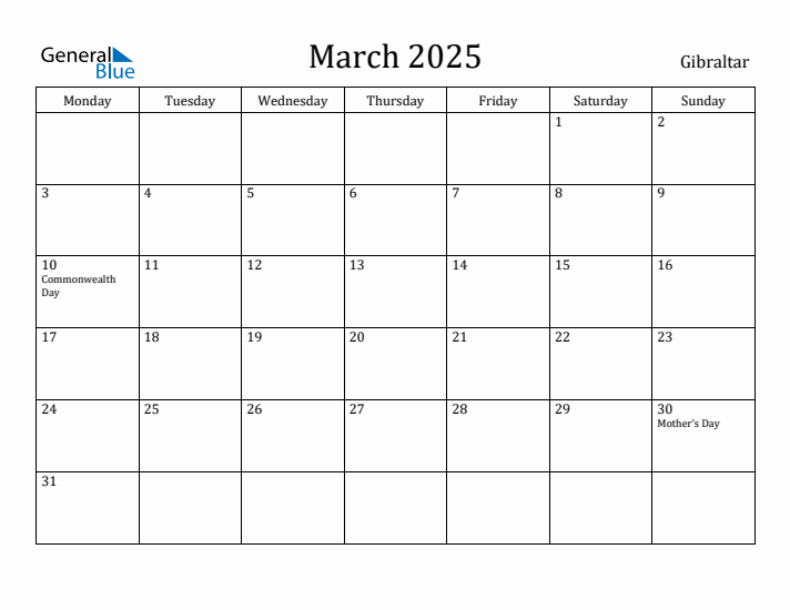 March 2025 Calendar Gibraltar