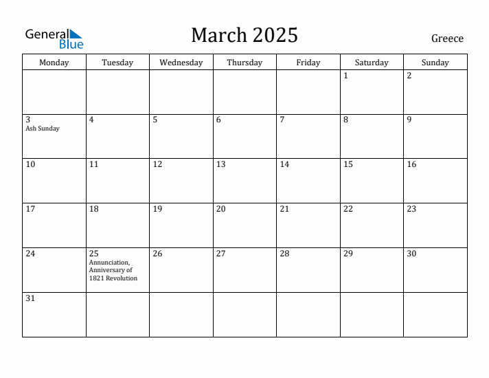 March 2025 Calendar Greece