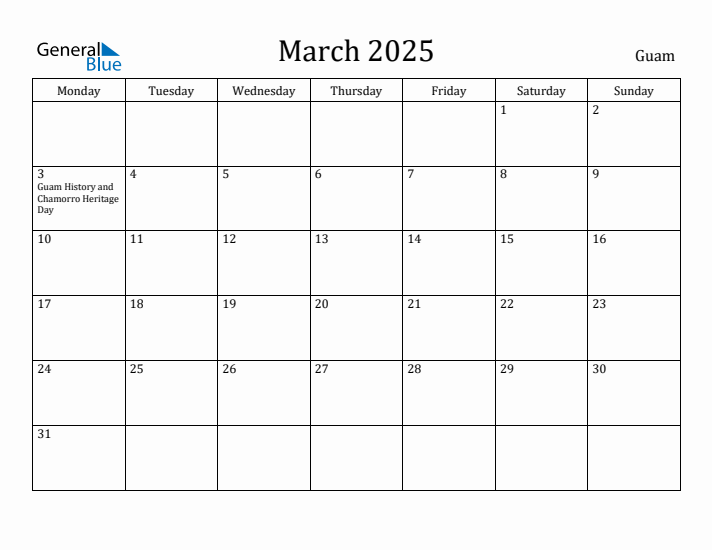 March 2025 Calendar Guam