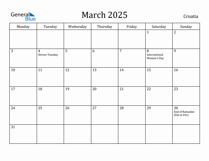 March 2025 Calendar Croatia