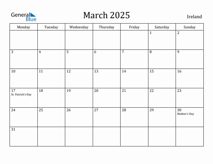 March 2025 Calendar Ireland