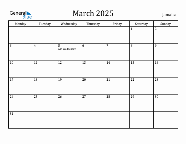 March 2025 Calendar Jamaica