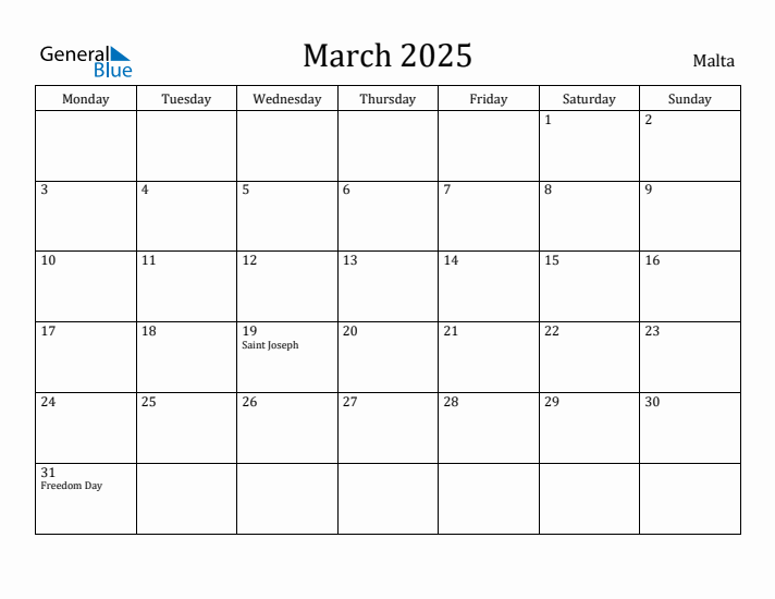 March 2025 Calendar Malta