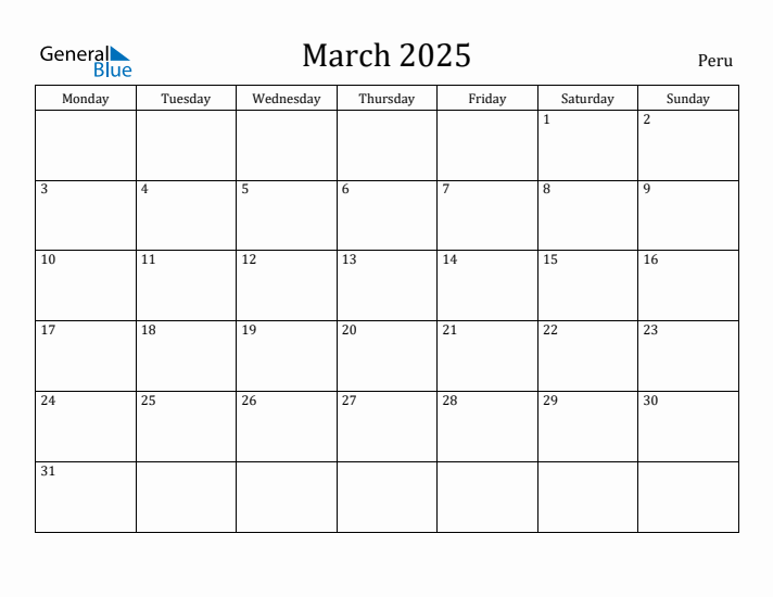 March 2025 Calendar Peru