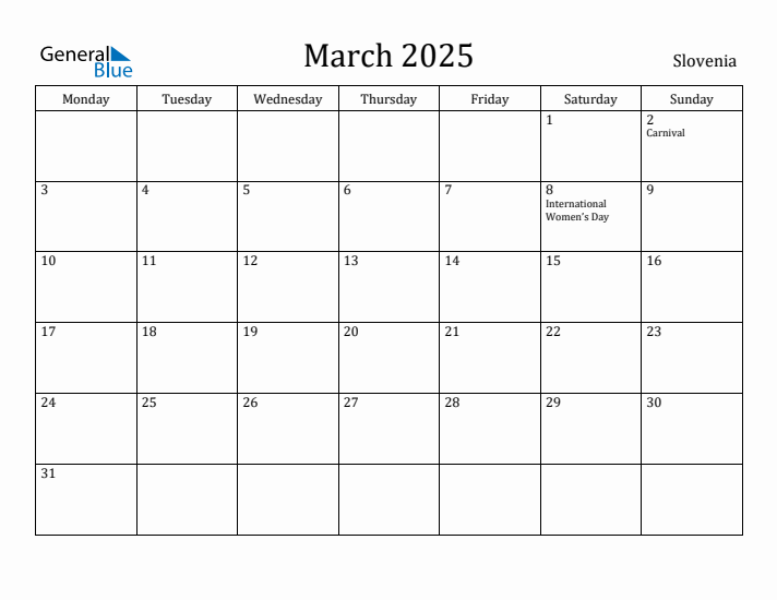 March 2025 Calendar Slovenia