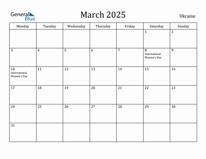 March 2025 Calendar Ukraine