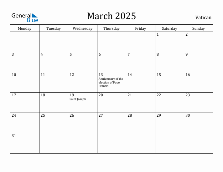 March 2025 Calendar Vatican