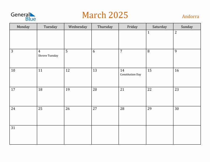 March 2025 Holiday Calendar with Monday Start