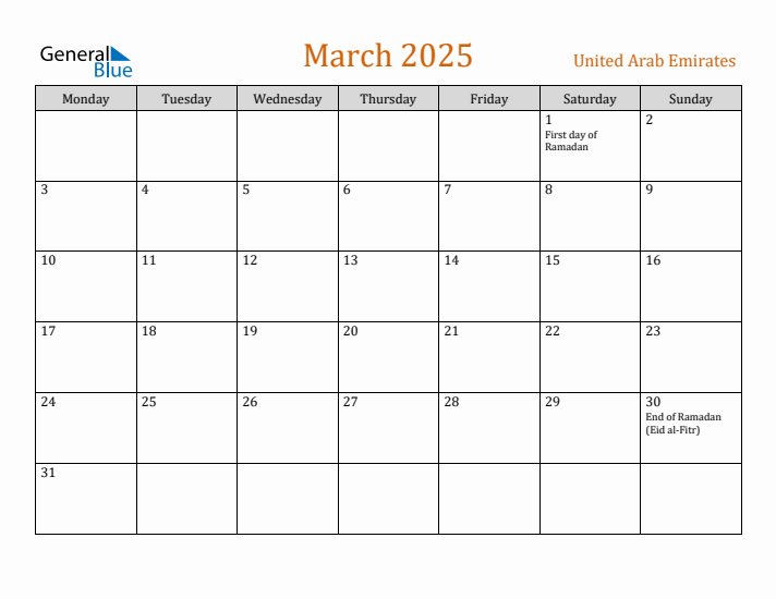 March 2025 Holiday Calendar with Monday Start