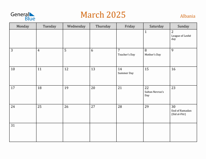 March 2025 Holiday Calendar with Monday Start