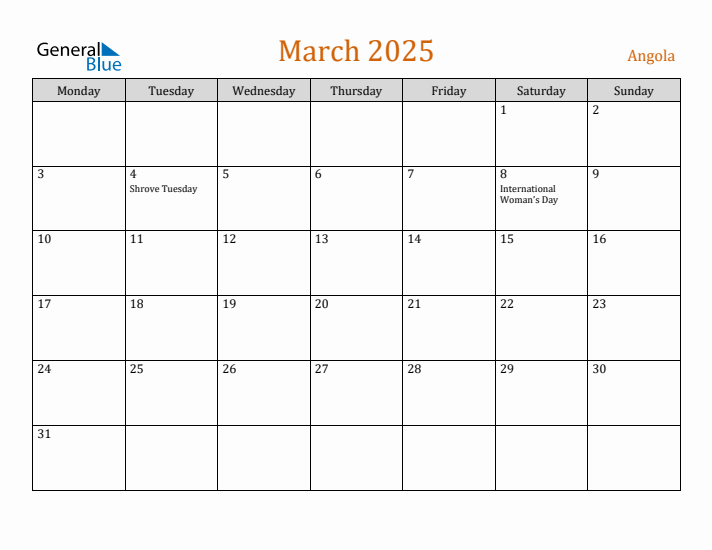 March 2025 Holiday Calendar with Monday Start