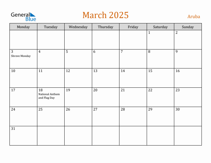 March 2025 Holiday Calendar with Monday Start