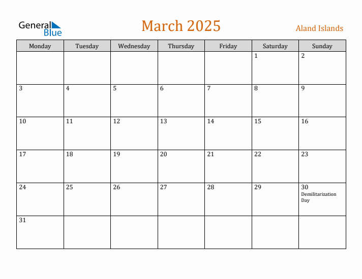 March 2025 Holiday Calendar with Monday Start