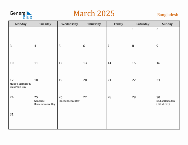 March 2025 Holiday Calendar with Monday Start