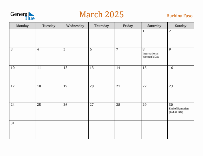 March 2025 Holiday Calendar with Monday Start